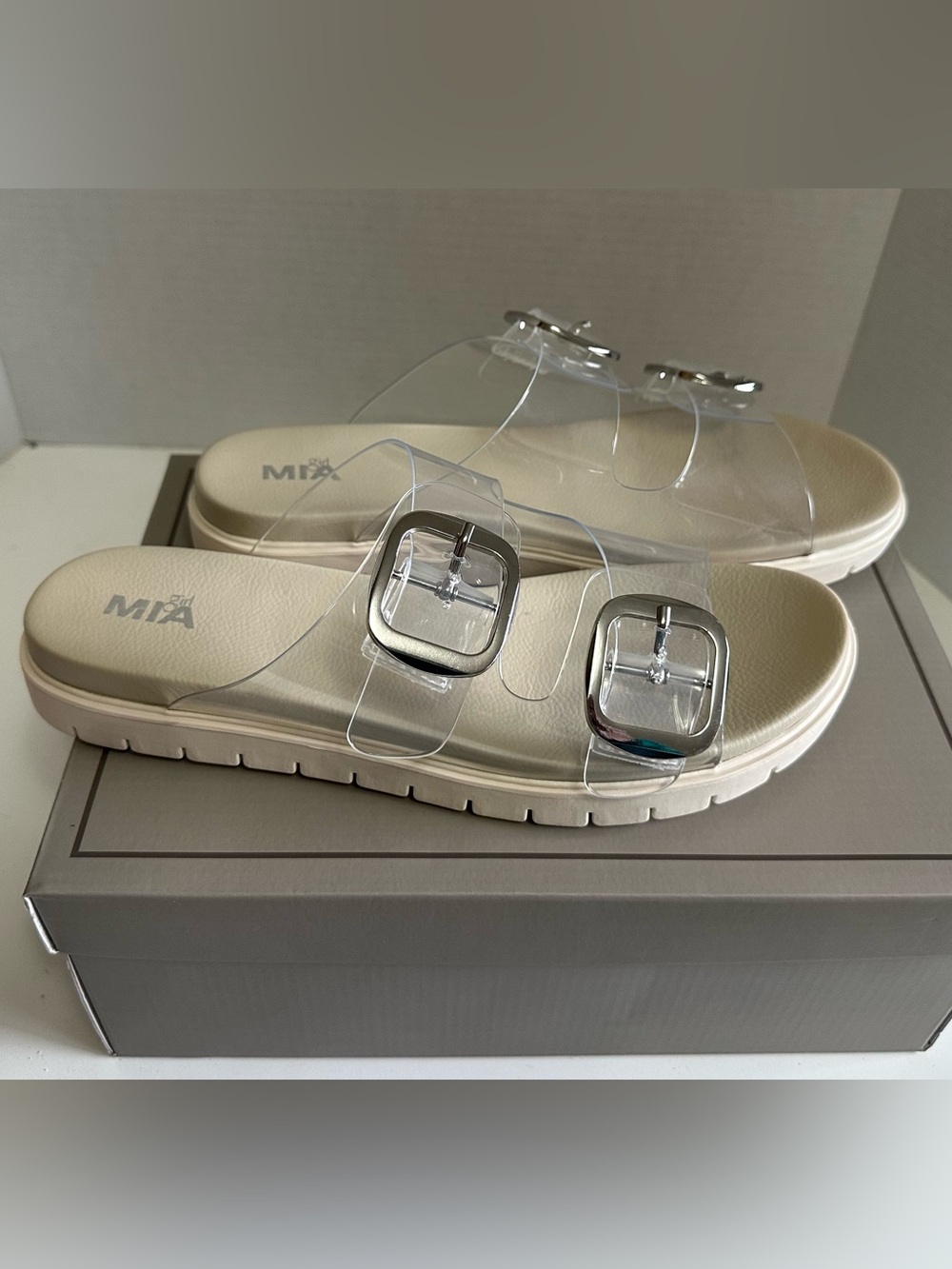 Mia Shoes Clear Double-Band Slide Sandals with Cream Footbed and Silver Buckles